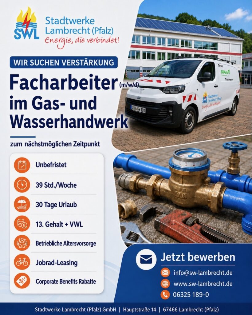 Stellenanzeige der Stadtwerke Lambrecht für eine Fachkraft im Gas- und Wasserbereich